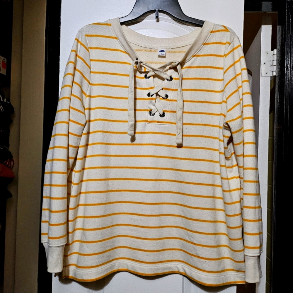 Old Navy Sweater Pullover Lace up Neck Yellow Stripes Top